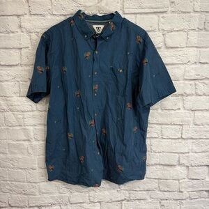 Vissla Shirt Mens XXL Blue Parrot bird Palm trees Button Up Short Sleeve shirt